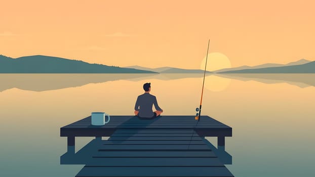 A person sits peacefully on a wooden dock, fishing rods set up, and a coffee mug beside them. The soft light of sunrise casts a warm glow on the serene lake and surrounding hills.