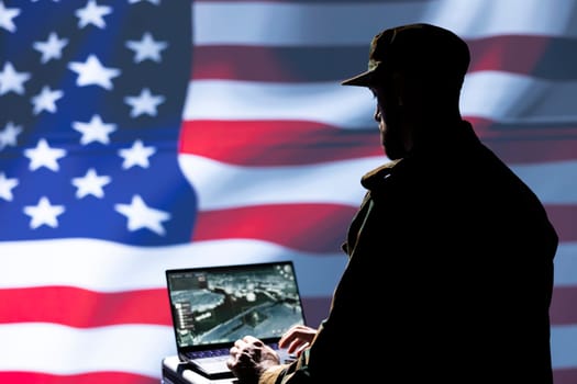 US Air Force agent using radar system on laptop to detect incoming ballistic missiles. American NATO army soldier scanning rockets approaching borders, deploying shields, United States flag
