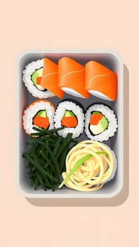 A takeout box displays a colorful assortment of sushi, including salmon rolls and vegetable-filled maki, alongside a serving of noodles and fresh greens for a balanced meal.