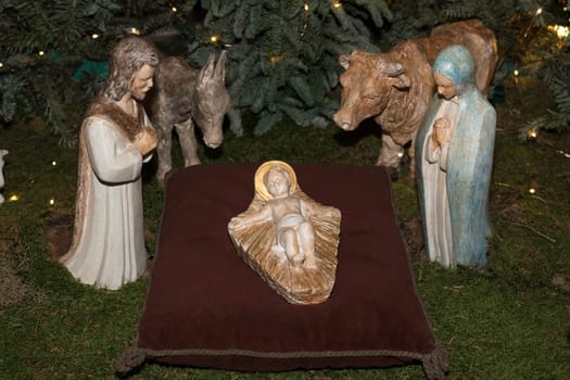 Christmas creche with Joseph Mary and small Jesus
