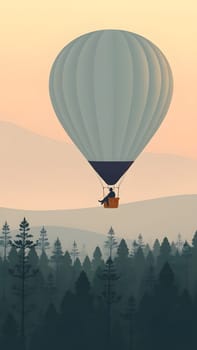 A hot air balloon drifts peacefully above a dense forest with towering trees, bathed in the warm glow of a sunset. The landscape features rolling mountains in the background.