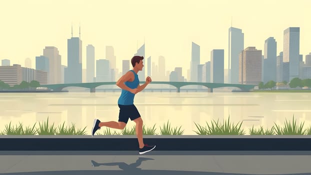 A jogger enjoys a morning run along a peaceful riverside pathway, with a bustling city skyline and calm water creating a serene urban atmosphere.