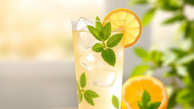 A tall glass filled with lemonade sits on a table, adorned with fresh mint leaves and lemon slices, capturing a vibrant, sunny atmosphere perfect for summer enjoyment.