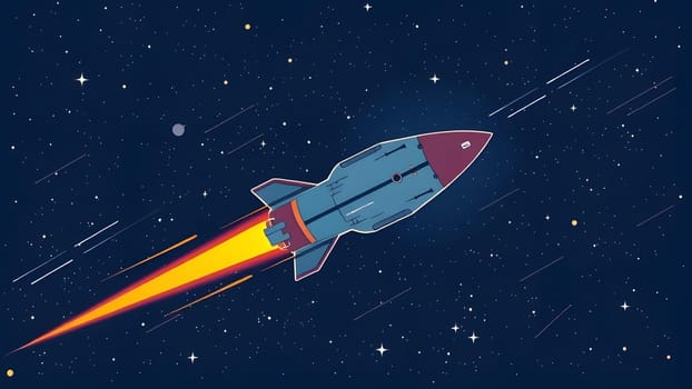 A rocket propels itself through the cosmos, leaving a fiery trail. Stars and distant planets fill the background, showcasing the vastness of outer space and exploration.