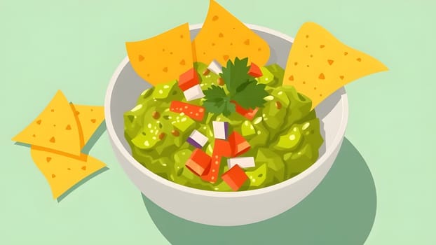 A vibrant bowl of guacamole garnished with diced vegetables sits alongside crispy tortilla chips. This delightful snack is perfect for sharing during gatherings or parties.
