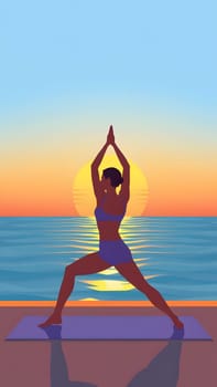 A woman performs a yoga pose on a mat by the ocean during sunset. The vibrant colors of the sky reflect on the calm water, creating a peaceful atmosphere for meditation and exercise.