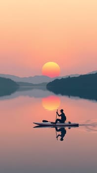 A lone paddleboarder glides across a calm lake, silhouetted against a vibrant sunset. The sun casts a warm glow, reflecting beautifully on the water as hills frame the horizon.