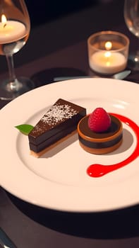 A luxurious chocolate dessert is plated beautifully with a raspberry on top and a drizzle of sauce, all set against a softly lit dining table, creating a warm and inviting atmosphere.