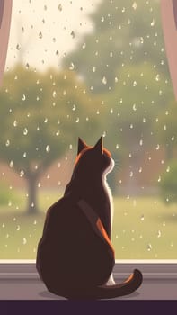 A cat with a calico coat sits by the window, looking out at a rainy day. The backdrop features lush greenery, while raindrops slide down the glass, creating a tranquil atmosphere.
