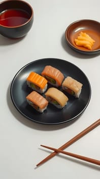 A variety of sushi rolls are presented on a black plate, accompanied by a bowl of soy sauce and pickled ginger. The arrangement showcases different flavors and textures.