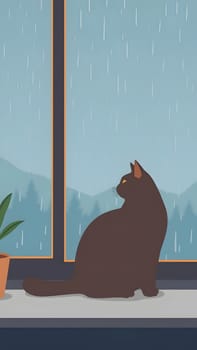 A curious cat sits by the window, gazing out at rain falling against the mountains. A potted plant adds a touch of greenery to the tranquil indoor scene.