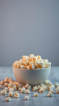 A large bowl filled with fluffy popcorn sits on a wooden surface, with kernels scattered around. The soft lighting highlights the texture of the popcorn against a plain background.