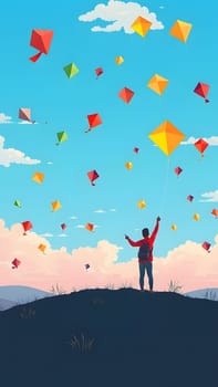 A person stands on a grassy hill, joyfully managing colorful kites soaring high in a brilliant blue sky with fluffy white clouds, capturing the essence of a sunny afternoon.