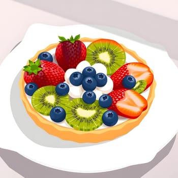 A delicious fruit tart topped with strawberries, blueberries, kiwi slices, and dollops of whipped cream rests on a white plate, showcasing vibrant colors and textures.
