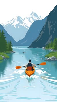 A person paddles in a kayak through a serene lake surrounded by towering mountains, lush trees, and clear waters. The tranquility of nature is evident on this sunny day.