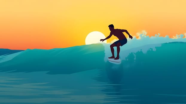 A person skillfully balances on a surfboard, catching a wave as the sun sets on the horizon. The vibrant colors create a serene, tropical atmosphere, perfect for surfing.