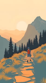 A lone hiker walks along a winding path, surrounded by tall pine trees and majestic mountains, as the sun sets, casting a warm glow over the serene landscape.