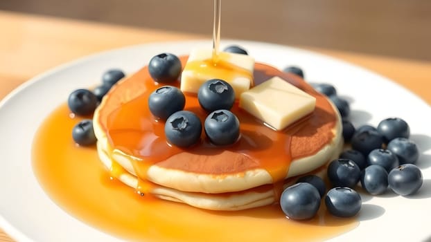 Fluffy pancakes are stacked high and drizzled with golden syrup. Fresh blueberries and butter are artfully arranged on top, creating a tempting breakfast display in natural light.