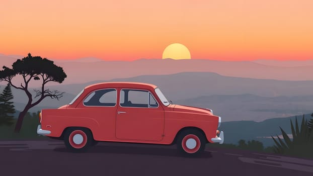 A vintage orange car is parked on a scenic overlook, with a beautiful sunset casting warm hues across the landscape. The surrounding mountains provide a tranquil backdrop.