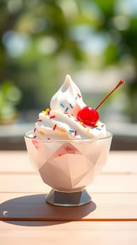 A delightful serving of soft serve ice cream sits in a geometric bowl, adorned with colorful sprinkles and a cherry, basking in warm sunlight. The scene is cheerful and inviting.