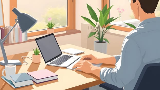 A person sits at a wooden desk in a well-lit office, using a laptop while surrounded by small plants and stationery. Sunlight streams through the window, enhancing the workspace.