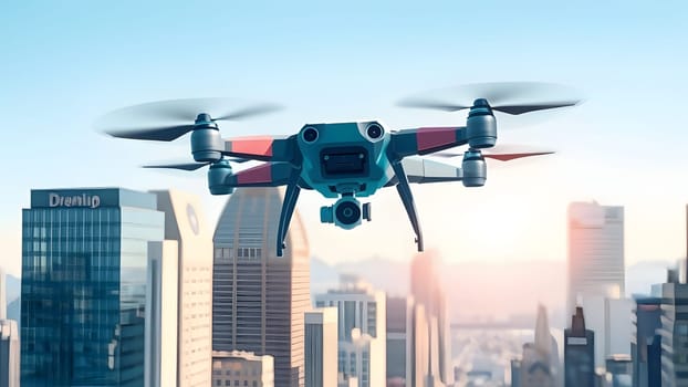 A colorful drone hovers above a bustling city skyline, capturing aerial views of skyscrapers and vibrant urban life under a clear blue sky in bright daylight.