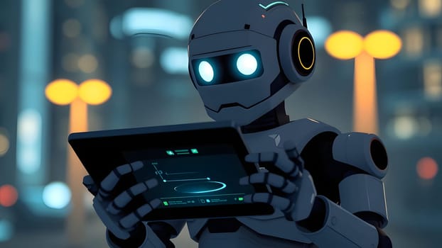 In a vibrant urban setting illuminated by streetlights, a sleek robot focuses on a glowing tablet, showcasing advanced technology in a nighttime environment.