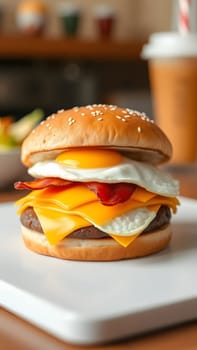 A fresh breakfast sandwich is stacked high with a fried egg, layers of cheese, and crispy bacon, all nestled in a sesame seed bun on a wooden table with soft lighting.