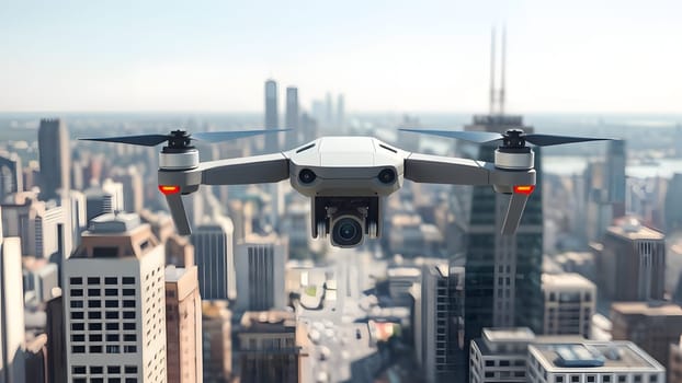 A drone hovers above a bustling city skyline, capturing a stunning aerial view of the buildings below on a clear day. The sunlight reflects off the glass facades, showcasing urban life.