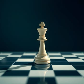 A solitary white king chess piece is prominently displayed on a dark chessboard, cast in soft light that highlights its intricate details against the contrasting squares.