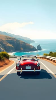 A classic red convertible cruises along a scenic coastal highway, surrounded by stunning ocean views and rugged cliffs under a clear blue sky. Perfect weather enhances the driving experience.
