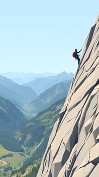 A climber is mid-ascent on a rugged rock formation, harnessed and focused, with vast mountain vistas sprawling in the background under clear blue skies.