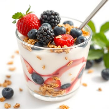 A tempting yogurt parfait layered with fresh strawberries, blueberries, and blackberries, topped with crunchy granola, garnished with mint leaves for a refreshing touch.