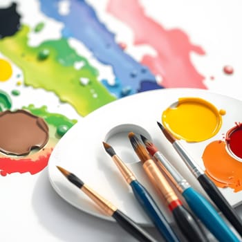 A variety of paint colors fills a palette while multiple brushes rest beside it. The background features expressive strokes of paint in various hues, creating an artistic atmosphere.