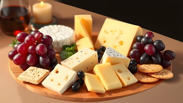A beautifully arranged platter features various cheeses, grapes, and crackers, set against a warm candlelit background, perfect for an intimate evening gathering or celebration.