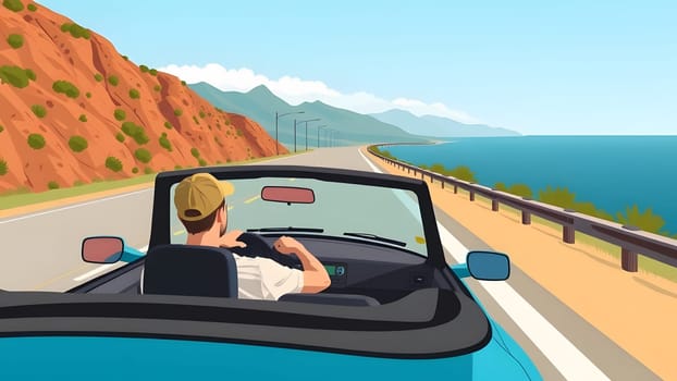 A person enjoys a leisurely drive along a coastal highway during a bright day, surrounded by stunning mountains on one side and the ocean on the other.