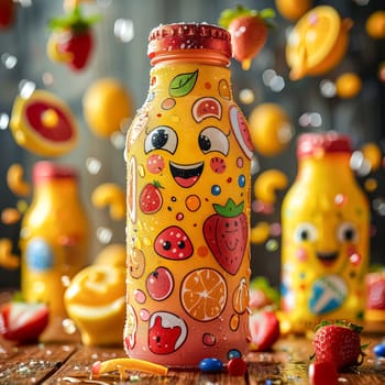 A row of colorful juice bottles with fruit designs on them. The bottles are arranged in a row on a yellow background