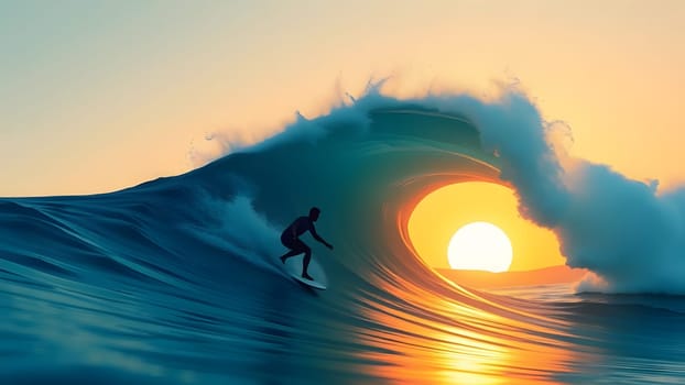 A solitary surfer skillfully rides a curling wave while the sun sets in the background, casting a golden glow over the ocean. The vibrant colors create a stunning moment by the beach.
