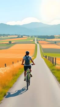 A person rides a bicycle along a smooth road, surrounded by lush fields and rolling hills under a clear blue sky. The setting embodies the tranquility of nature in the afternoon.