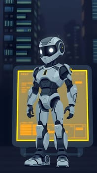 A sleek, futuristic robot stands confidently in a city at night, illuminated by glowing eyes and technological displays. The backdrop features a bustling skyline with vibrant lights.