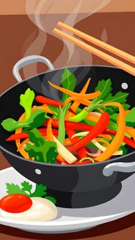 A vibrant mix of red peppers, carrots, and leafy greens sizzle in a wok, releasing steam as chopsticks hover above, showcasing a nutritious meal in a cozy kitchen ambiance.