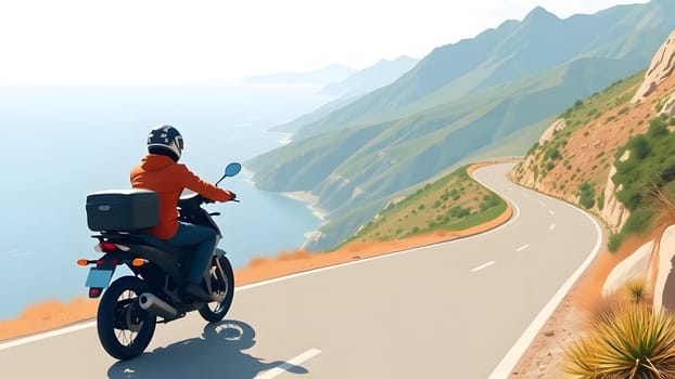 A rider in an orange jacket navigates a winding coastal road, with mountains and the ocean in the background. The sunlight brightens up the stunning landscape, making the adventure memorable.