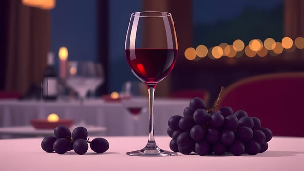A beautifully arranged table highlights a glass of red wine next to a cluster of fresh grapes, creating a romantic ambiance enhanced by soft candlelight in the background.