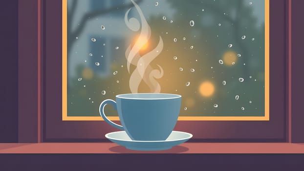 A steaming cup of coffee rests on a saucer near a window, where raindrops cling to the glass and blurred lights twinkle outside, creating a warm and inviting atmosphere.