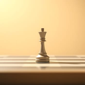 The chess king piece is the central focus, elevated against a warm-toned background with a wooden chessboard below it. The minimalist composition highlights its significance in the game.
