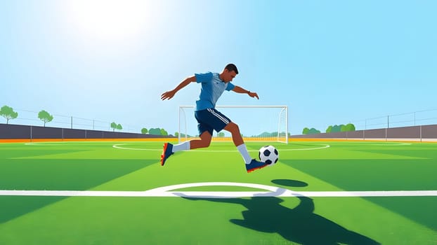 A young player performs a skill move while preparing to kick a soccer ball on a vibrant green field under a bright sky, showcasing athleticism and focus during practice.