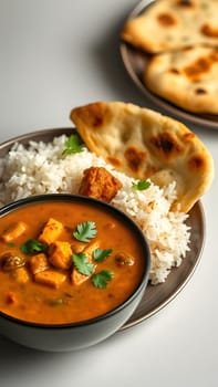 A warm bowl of chicken curry is complemented by fluffy white rice and freshly baked naan bread. Chopped cilantro adds a touch of color to this inviting meal, perfect for any time.