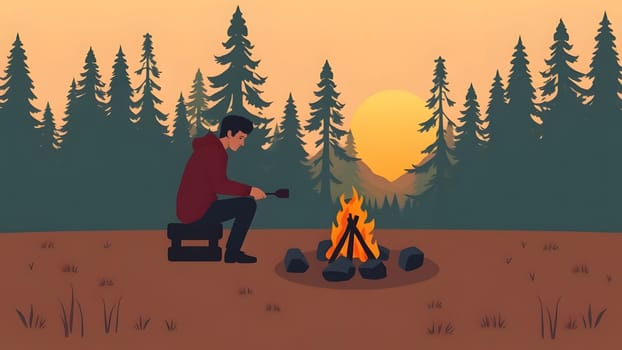 A person sits by a campfire in a forest, cooking over the flames as the sun sets behind tall trees, casting a warm, golden glow over the serene landscape.