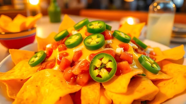 A vibrant plate of nachos is served at a bustling restaurant. The dish features crispy tortilla chips, melted cheese, fresh jalapenos, and diced tomatoes, creating a colorful and appetizing meal.