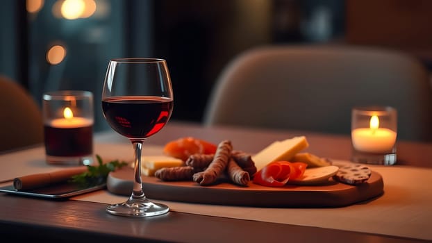 A glass of red wine sits beside an inviting charcuterie board featuring assorted cheeses, meats, and fruits. Soft candlelight creates a warm ambiance in a relaxed atmosphere.